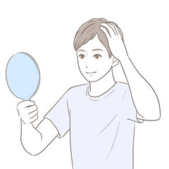 手鏡を持って頭皮を確認して喜ぶ男性