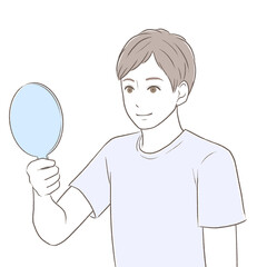 手鏡を持って自分の顔に自信をもっている男性