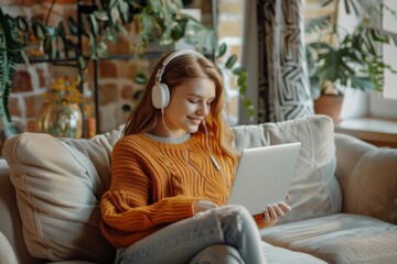 Obraz premium A cheerful young woman enjoys her music and digital content using headphones and a tablet while relaxing on a sofa