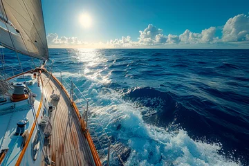 Tafelkleed White yacht sailing on a clear sunny day. Close-up view from the deck to the bow and sails. Waves and water splashes. © Tjeerd