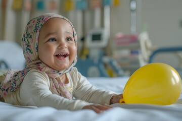A cheerful child in a headscarf lies next to a yellow balloon, laughing in a hospital environment