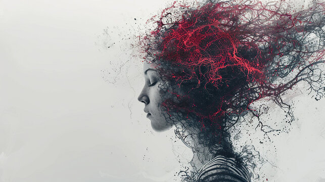 Anxiety, despair and depression idea with shattered woman head and damaged brain illustration