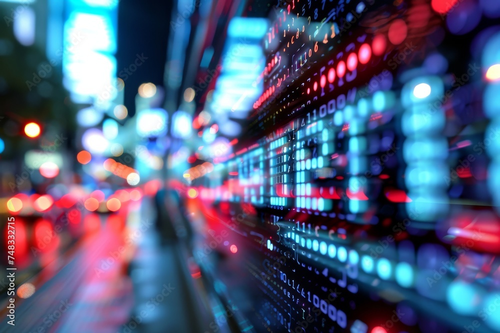 Aufkleber Digitally enhanced cityscape with glowing neon lights and binary code, symbolizing a connected, high-tech world