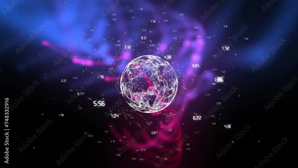 Poster animation of network of connections with data processing over globe and shapes