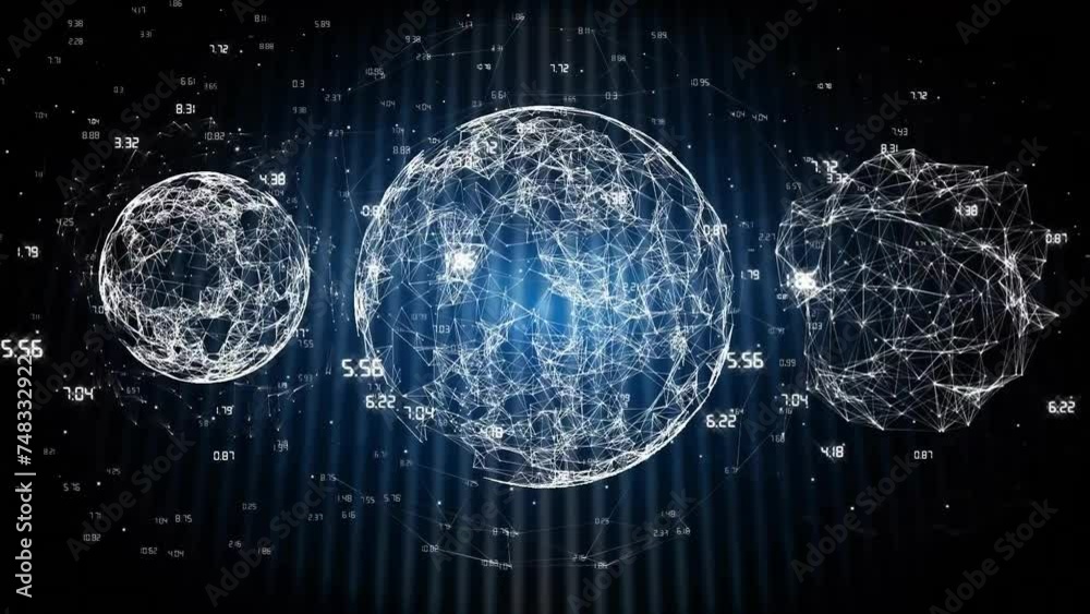 Poster animation of network of connections with data processing over globes