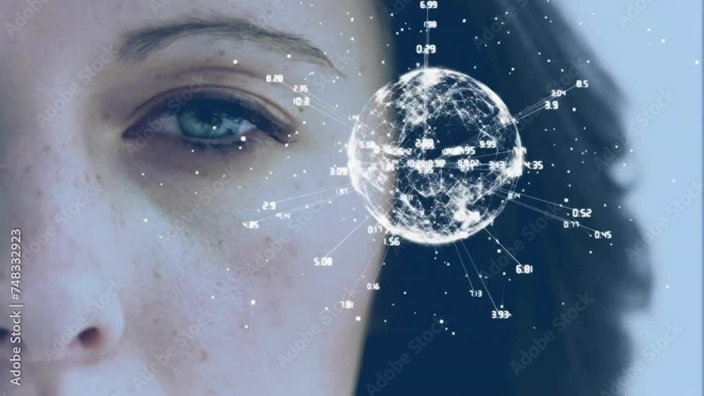 Poster animation of network of connections with data processing over globe and eye