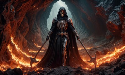 Two swords at the ready, the ancient skeleton guards its dark domain - obrazy, fototapety, plakaty