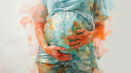 A pregnant woman in despair. depressed pregnant girl on a beige background. Nervous breakdown.  watercolor art