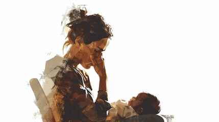 Depressed young woman crying, Postpartum depression.Postpartum postnatal depression PPD.  Tired sad woman sits near the cradle with a newborn baby. 