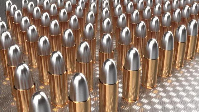 Bullets stand in a row on metal surface intro 