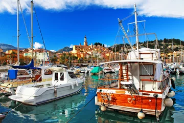 Foto auf Glas Menton - colorful port town, view with boats © Freesurf