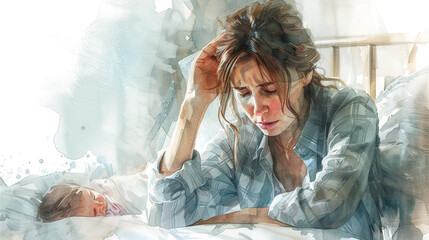 Depressed young woman crying, Postpartum depression.Postpartum postnatal depression PPD.  Tired sad woman sits near the cradle with a newborn baby. 