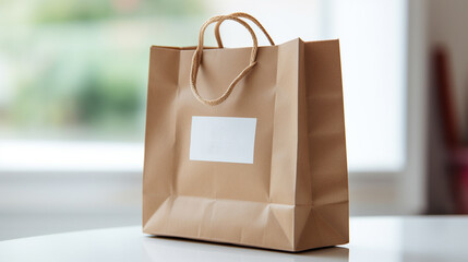 Paper bag on table with blurred background