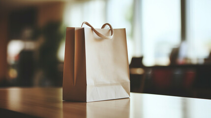 Paper bag on table with blurred background