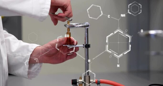 Animation of chemical formula over caucasian scientist heating sample in lab