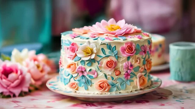 Cream cake with colorful roses