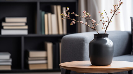 Cozy Living Room Corner with Comfortable Grey Sofa and Vase with Spring Blossoms on Coffee Table