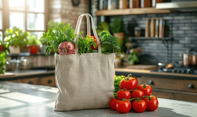 An eco friendly shopping bag with fresh produce  on a modern kitchen table