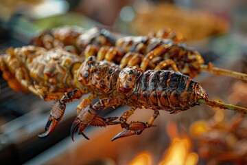 Edible Insects, Eating Bugs, Eating Insect Snacks, Exotic Cuisine as Fried Bugs as Grasshoppers