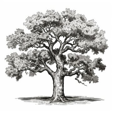 Old Oak Tree Sketch, Hand Drawn Sketched Tree, Engraving Huge Lime Tree, Ink Pencil AI Illustration