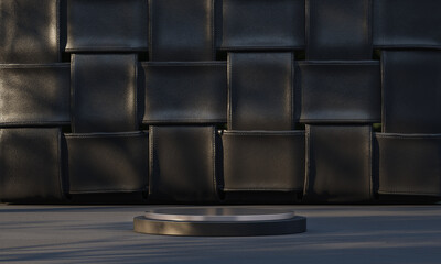 Multiple 3D render platforms with colorful wall backdrops and tree shadows