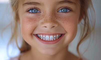 A happy child's smile with healthy teeth with metal braces