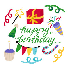 Happy birthday  elements set. Greeting card with text Happy Birthday.