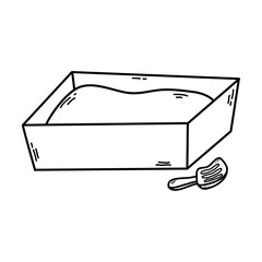 Cat tray vector doodle sketch. Cats tray with spatula concept. Cleanliness and hygiene.