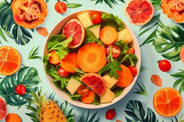 Fresh and Colorful Tropical Fruit Salad with Orange, Grapefruit, Melon and Pineapple on Blue Background, Top View Flat Lay