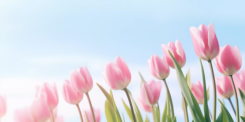 Pink tulips spring flowers on a blurred sky background. Ai generative soft photography in pastel tones with copyspace perfect for poster, cover or seasonal advertising