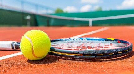 Tennis Racket and Tennis Ball on Tennis Court