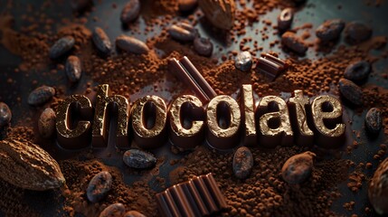 A "Chocolate" text expertly carved into a delicious work of culinary art. Word chocolate made with chocolate in a unique representation with cocoa beans and powder.