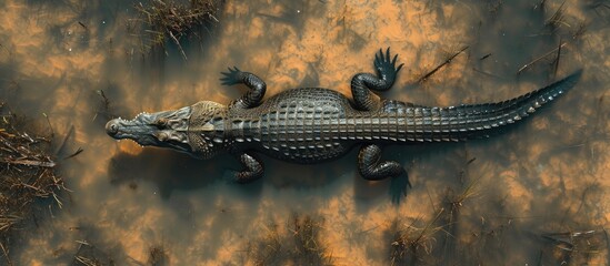 Fototapeta premium A large alligator is seen floating on top of a body of water, its powerful body and sharp teeth visible as it glides effortlessly on the surface of the water.