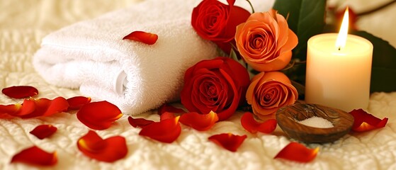 Obraz na płótnie Canvas Towel, Candle, and Rose Petals on Bed