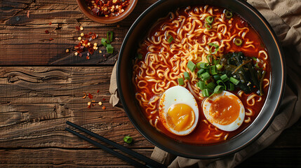 ramen or Noodles or chow mein Indo-Chinese recipe with egg, served in a bowl or plate with wooden background. - obrazy, fototapety, plakaty