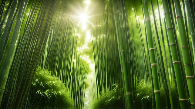 A lush bamboo forest with towering green stalks filtering soft sunlight.
