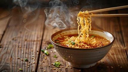 Plexiglas foto achterwand Bowl of instant noodles isolated on wooden background, noodles with chopsticks © Mahnoor