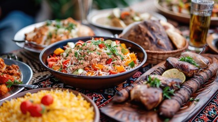 An opulent spread of Middle Eastern dishes, served during the Eid al-Fitr feast,featuring a variety of rich flavors and vibrant colors,