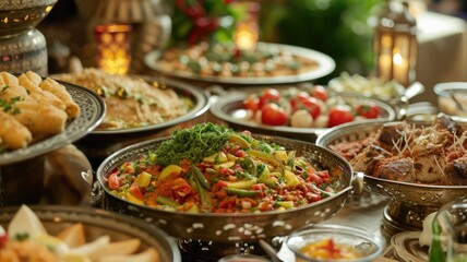 Naklejka premium An opulent spread of Middle Eastern dishes, served during the Eid al-Fitr feast,featuring a variety of rich flavors and vibrant colors,