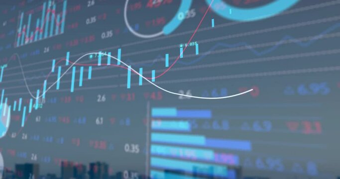 Animation of stock market and diagrams over cityscape