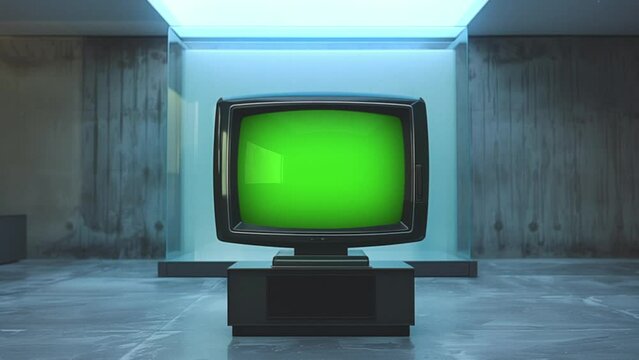 Retro-inspired television displaying colorful static in a minimalist concrete room.