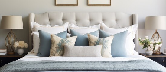 A bed is shown with a white headboard and a variety of blue and white pillows neatly arranged on top. - obrazy, fototapety, plakaty