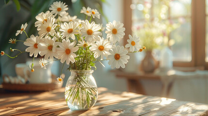 Bright bouquet of camomiles in sunlight. Interior composition in the cozy and warm room.