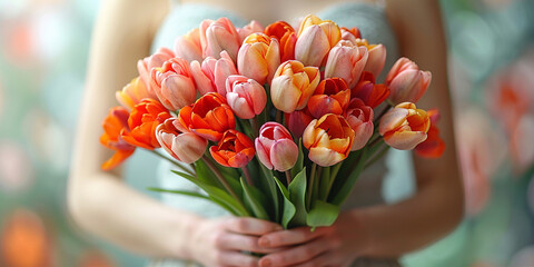 Delicate spring tulips in woman's hands