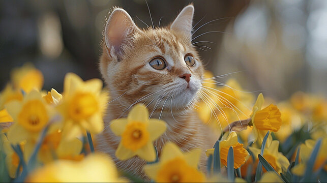 Cute ginger cat in a field of yellow daffodils.