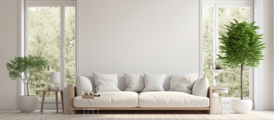 A white Scandinavian living room with a stylish white couch, a potted plant standing elegantly in the corner, vases placed on wooden flooring that complements the decor on the large wall.