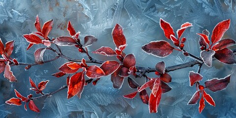 frozen forsythia with red leaves