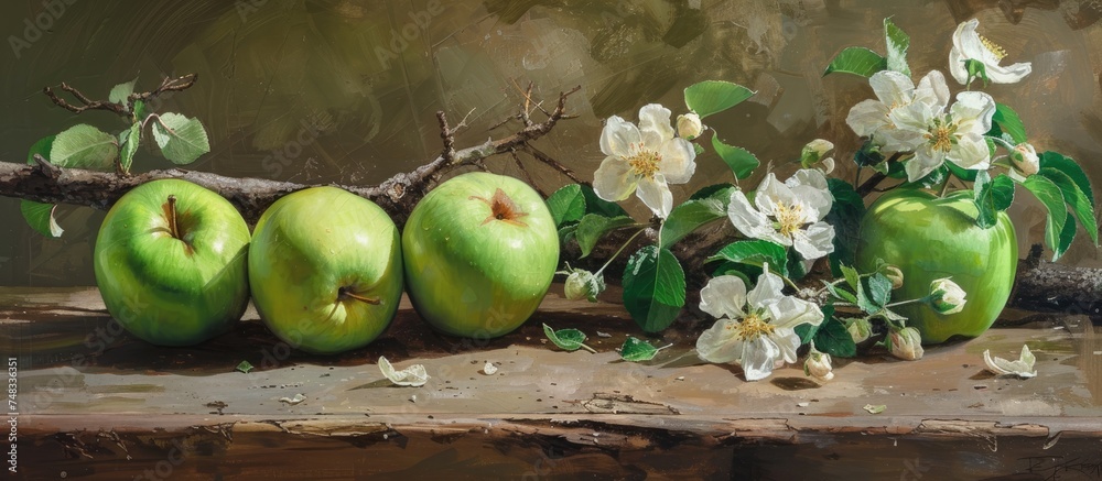 Canvas Prints A vibrant still life painting showcasing green apples and delicate blossoms arranged on a rustic wooden table. The composition is vivid and detailed, capturing the essence of the fruits and flowers in