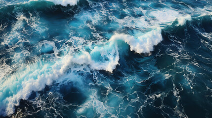 Aerial view of dynamic ocean waves with intricate foam patterns and deep blue hues. - obrazy, fototapety, plakaty