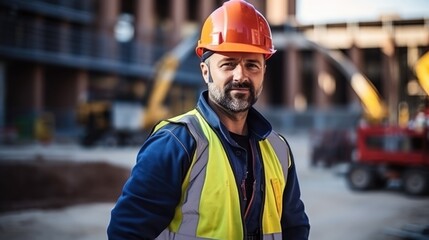A helmeted worker, standing in the foreground, meets the camera's gaze with a determined and focused expression amid the construction activity.